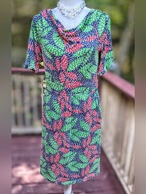 Vintage Lilly Pulitzer Green Navy Pink Leaf-Print Midi Dress With Pockets